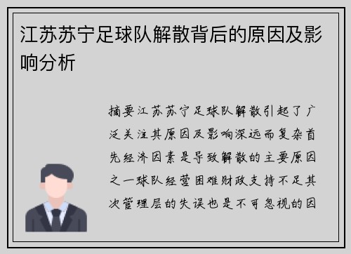 江苏苏宁足球队解散背后的原因及影响分析